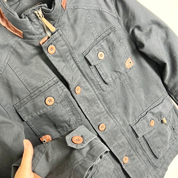 XRAY JEANS | 🧥Dark Navy Blue Brown Faux Leather Trim Multi-Pocket Jacket Coat - Picture 10 of 13